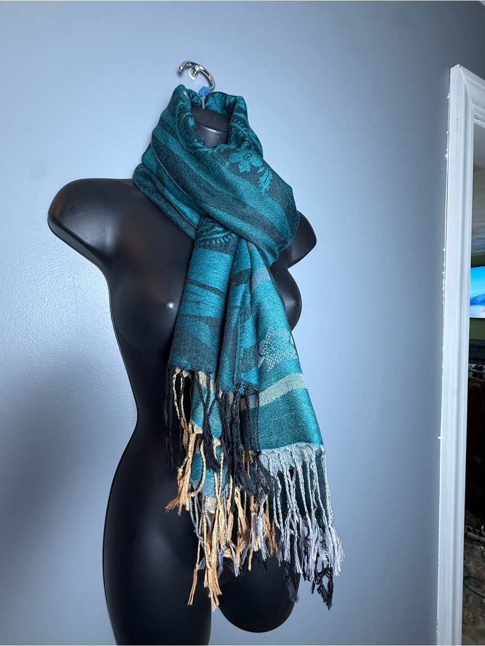 JNS Teal and Dark Green Jacquard-Woven Pashmina-Style Shawl Scarf